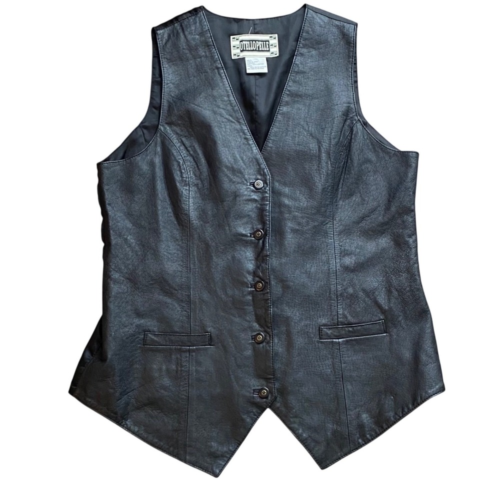 Otello Pelle Black Leather Vest Mens Large Button Front Adjustable Back‎ VTG